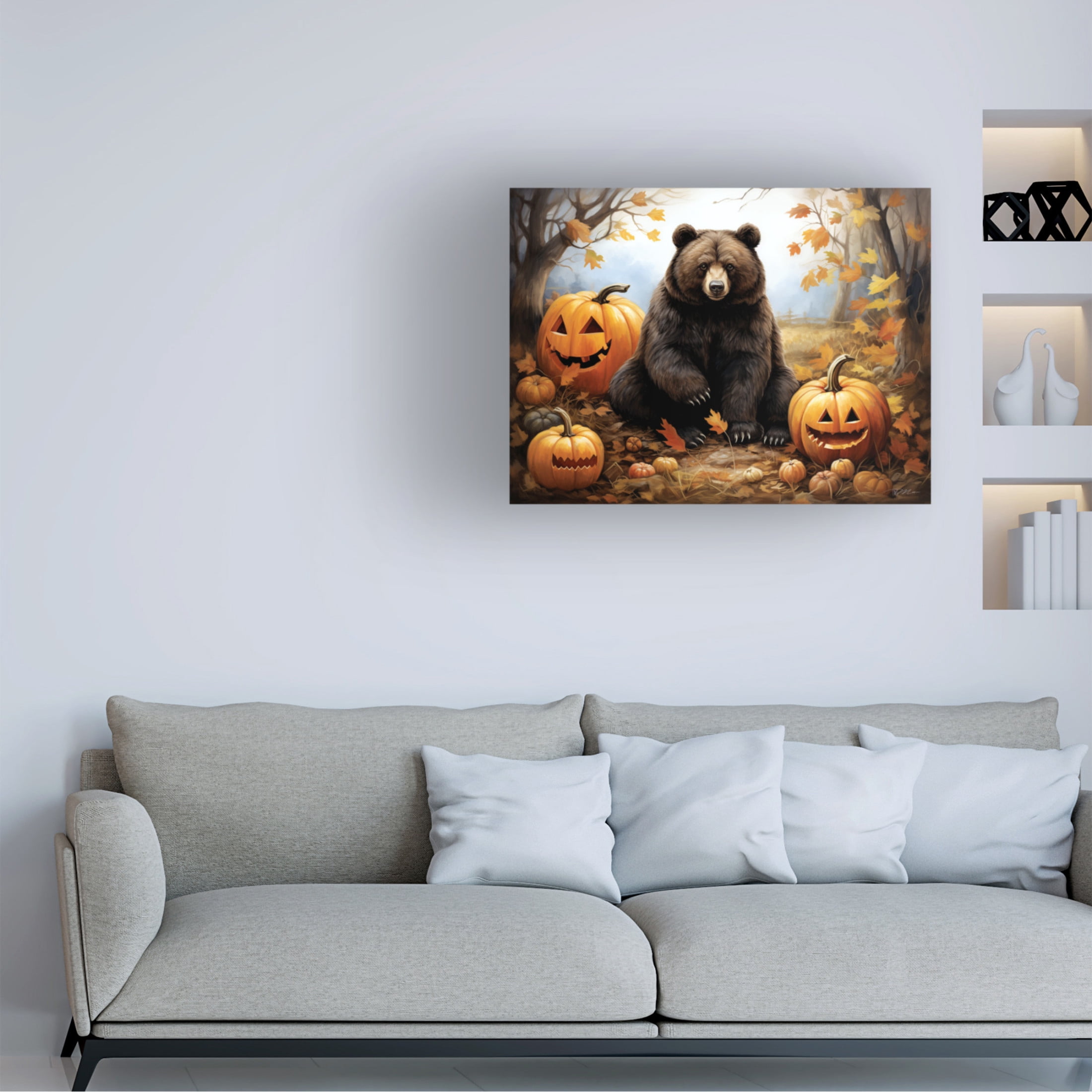 Canvas Wall Art - Momart 'Halloween Bear and Pumpkins' Wall Art for Living Room, Bedroom, or Office Décor by Trademark Fine Art - 19 x 14 Inches