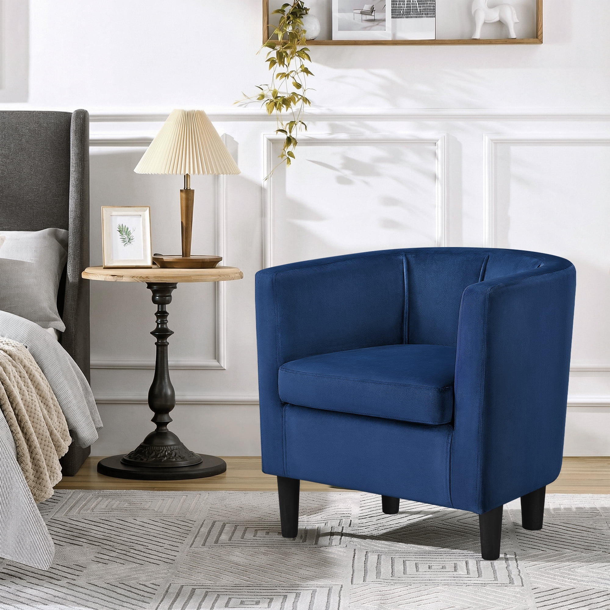 Renwick Upholstered Barrel Shaped Accent Chair with Curved Backrest for Livingroom, Blue Velvet