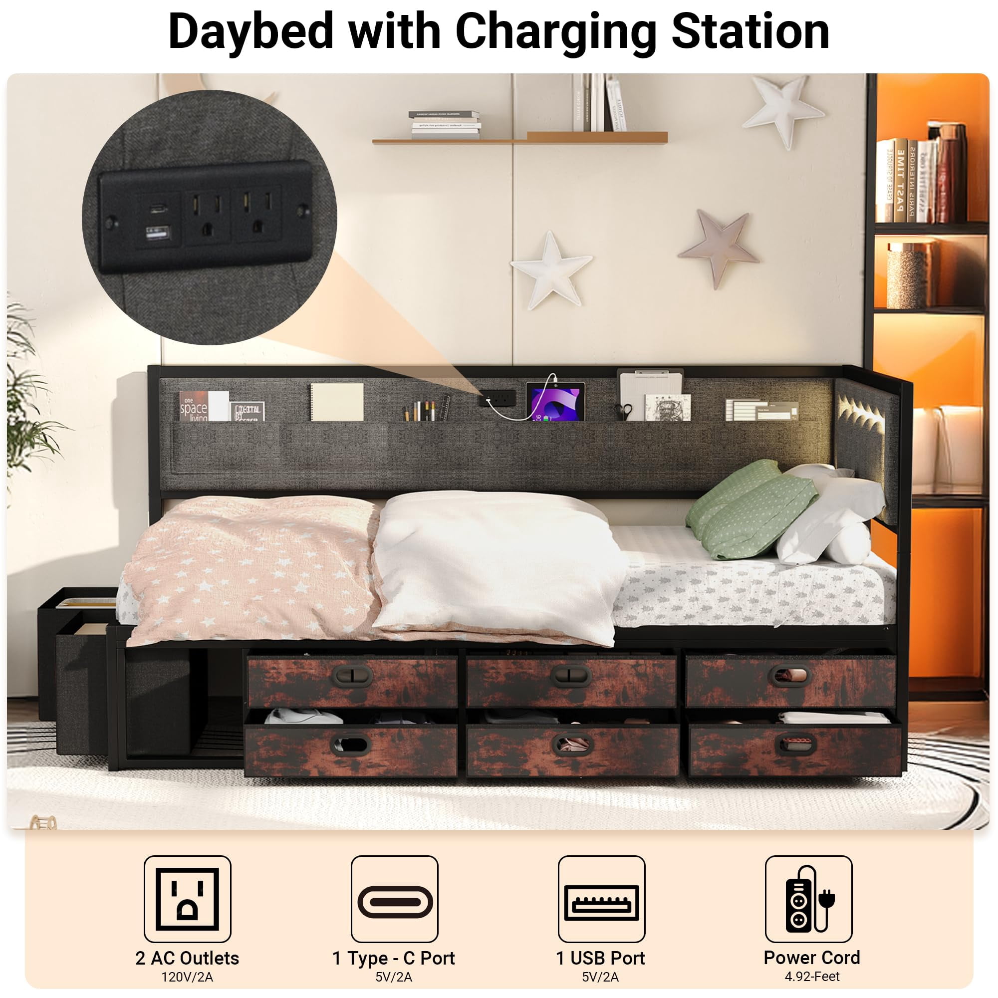 Miniyam Twin Daybed with Storage Drawers, Charging Station and LED Light, Reversible Upholstered Corner Bed Frame