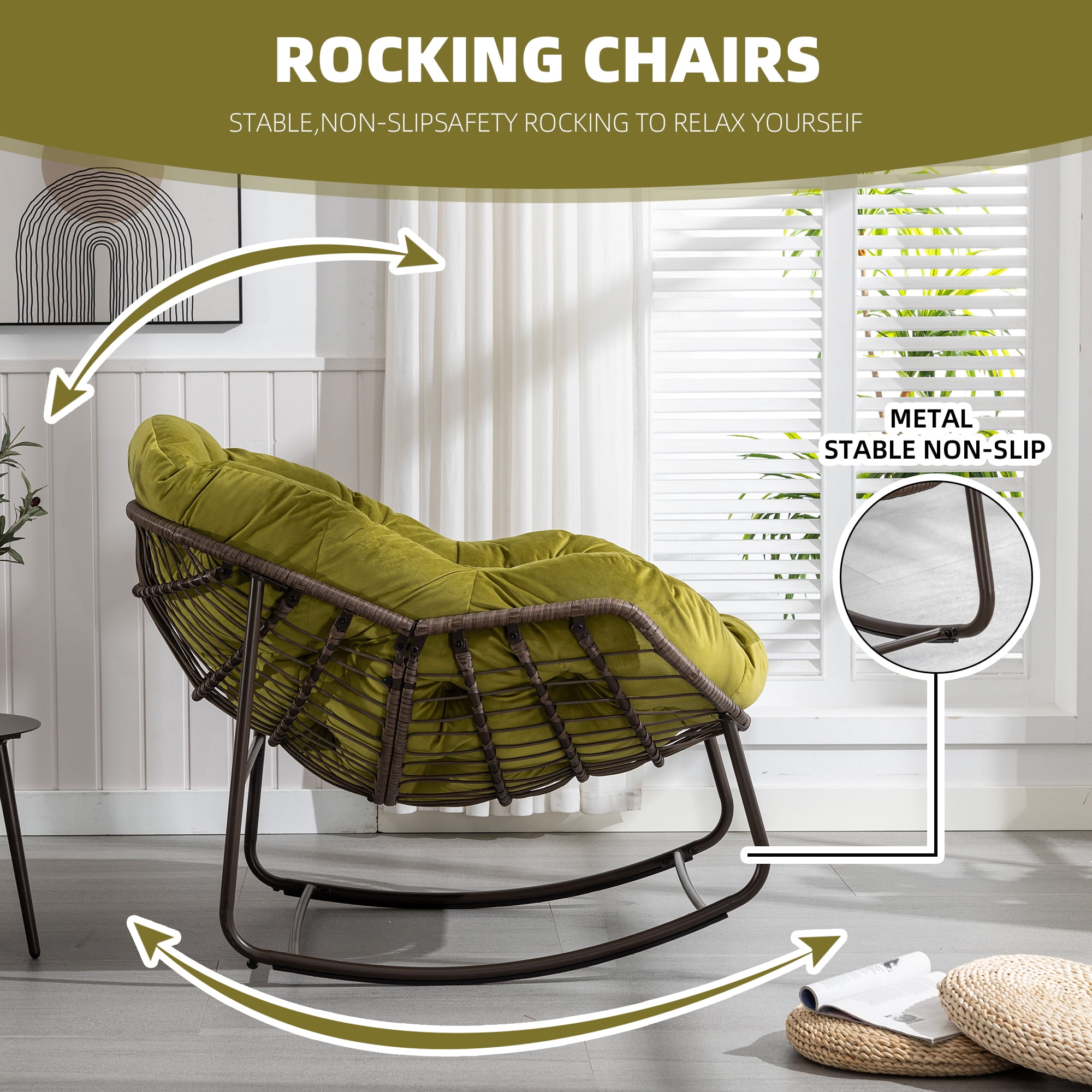 MOONMISS Rattan Rocking Chair, Indoor & Outdoor Comfy Rocker Chair with Thick Cushion, Modern Lounge Chair for Balcony, Porch, Garden, Backyard, Deck, Olive
