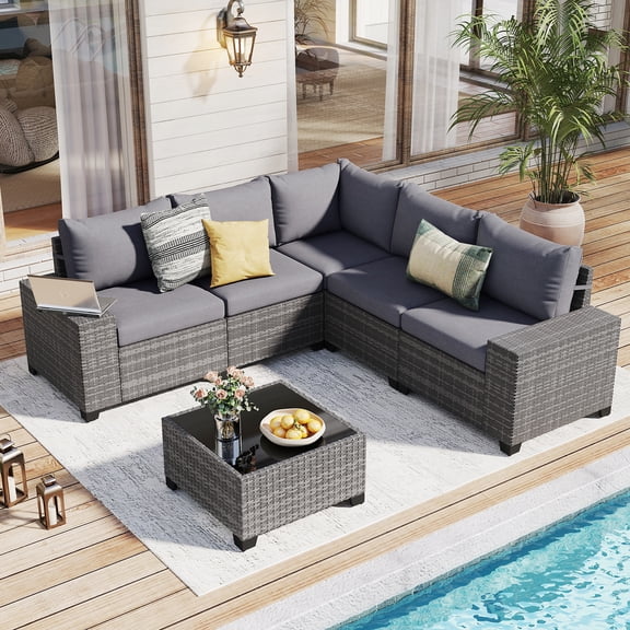 JOIVI 6-Piece Patio Furniture Set, Rattan Outdoor Conversation Set with Coffee Table, Wicker Sectional Sofa Set with Wide Armrest for Yard, Background, Gray