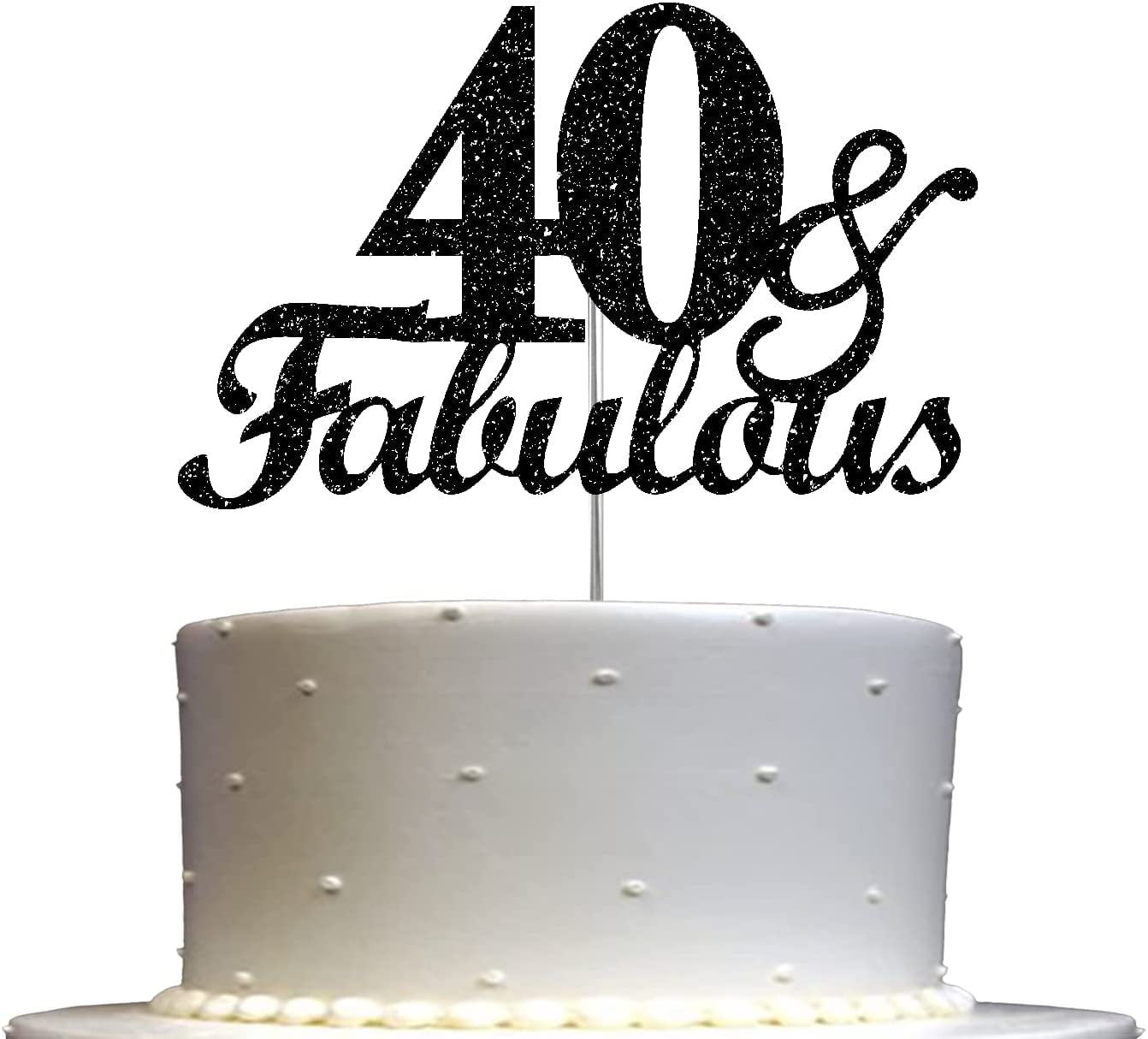 Fabulous & 40 Black Glitter Cake Topper, 40th Birthday Party Decorations Ideas, Sturdy Doubled Sided Glitter, Acrylic Stick. Made in USA