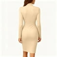 thumbnail image 5 of Women's Office Dress Work Dress Long Sleeve Stand Collar Slim Fit Pencil Bodycon Midi Dress for Commuting Spring Fall,Beige,L, 5 of 6