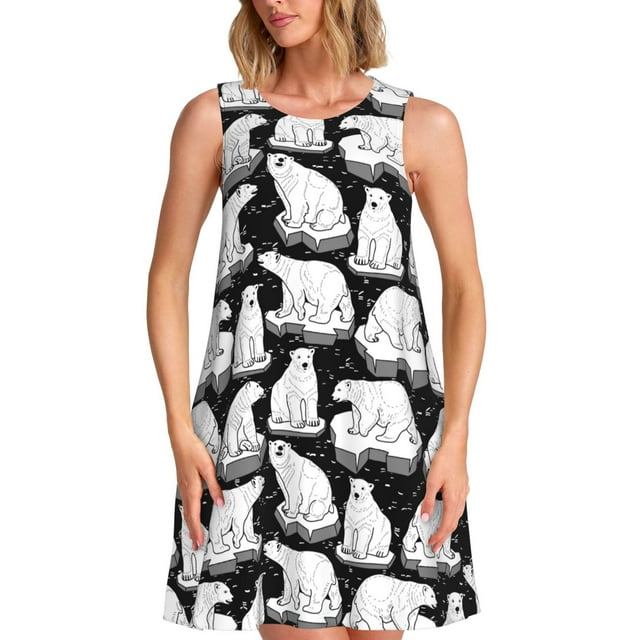 Xecao Mignon Ours Polaire Dessin Animé pour Robes d'Été pour Femmes Robes Décontractées de Plage Robes Sans Manches T-Shirt Robe Évasée avec Poches