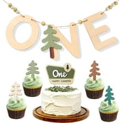 One Happy Camper Wood Banner/Cupcake Topper Set - Camping Cake Topper, Woodland Birthday Party Decoration, 1st Camper Birthday Banner, First Bithday High Chair Wood Safari Jungle Garland