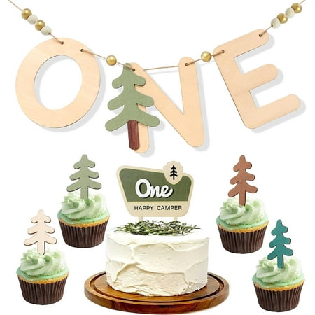 One Happy Camper Wood Banner/Cupcake Topper Set - Camping Cake Topper, Woodland Birthday Party Decoration, 1st Camper Birthday Banner, First Bithday High Chair Wood Safari Jungle Garland