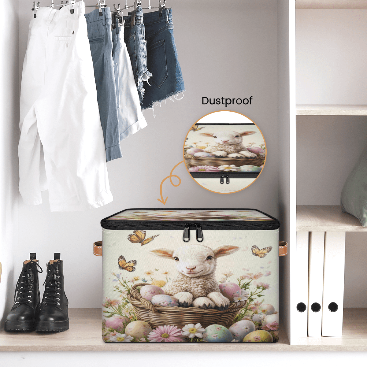 ADECORIVY Cute Lamb Flower Storage Bin with Lid Fabric Easter Foldable Storage Baskets Boxes for Clothes Shelves Closet Organizer Containers with Leather Handles for Wardrobe