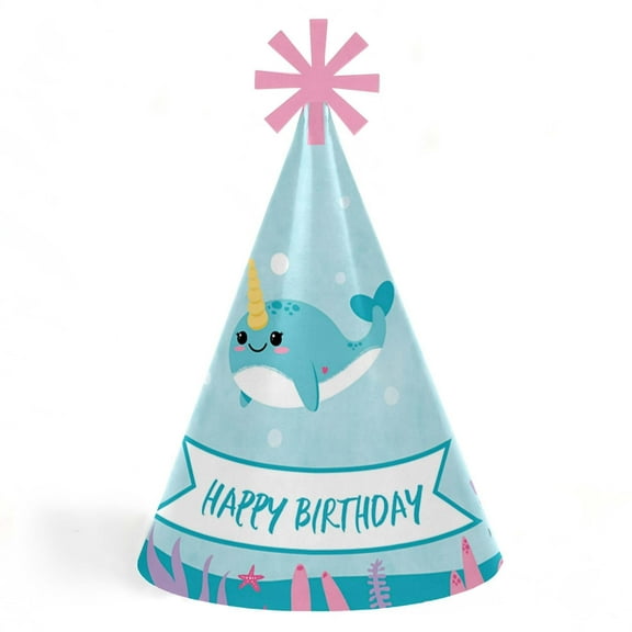 Big Dot of Happiness Narwhal Girl - Cone Happy Birthday Party Hats for Kids and Adults - Set of 8 (Standard Size)
