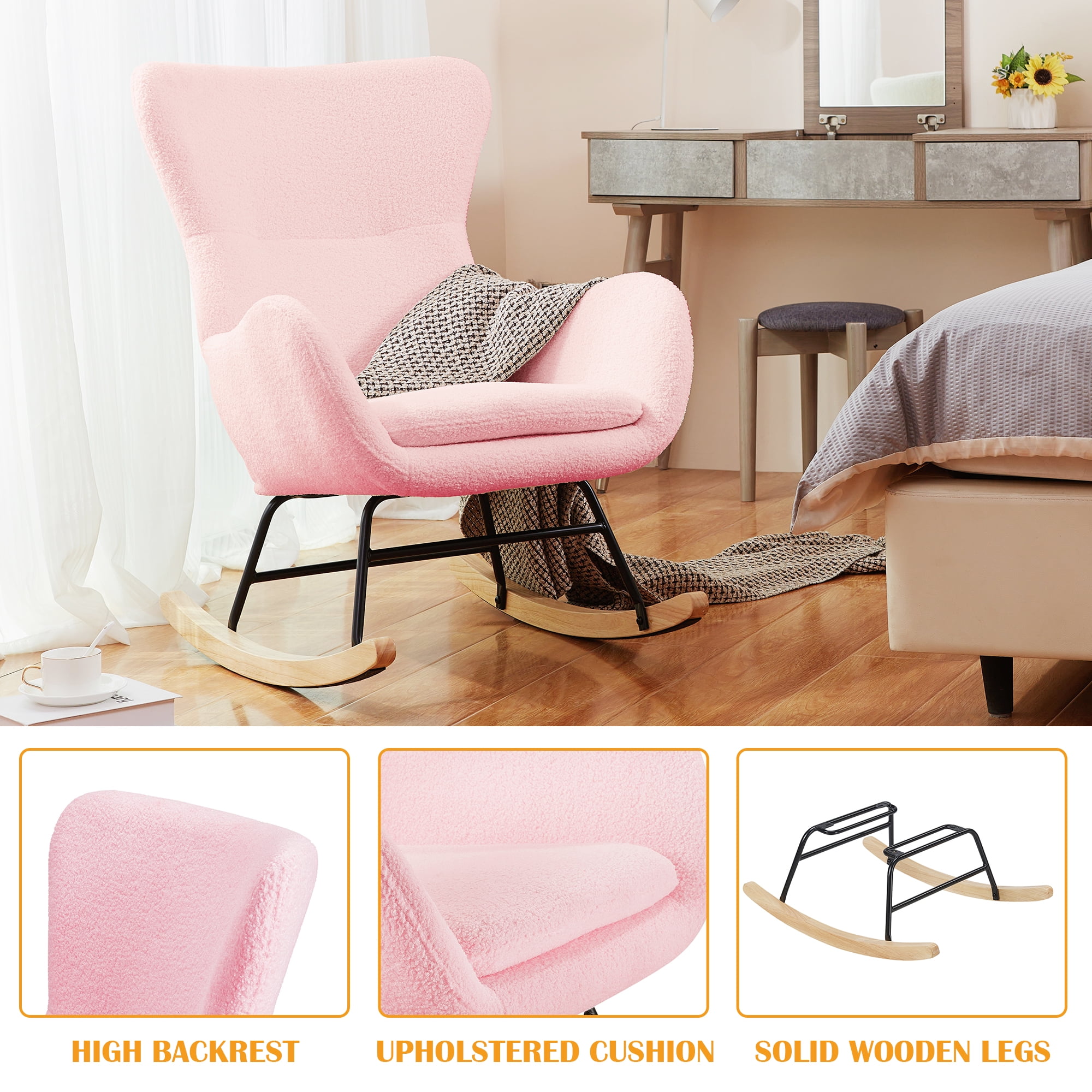 Prilinex Rocking Chair, Nursery Rocking Chair with Upholstered for Living Room Reading Room, Teddy Fabric, Pink