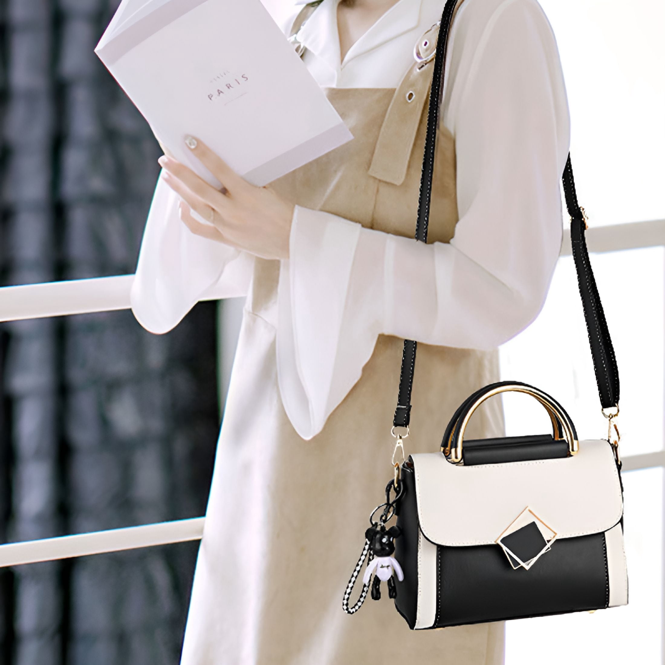 GASTROPOD Genuine Leather Handbags Tote Shoulder Bag for Women Satchel Designer Purse Top Handles Crossbody Bag, Tote Bag Purse, White with Black