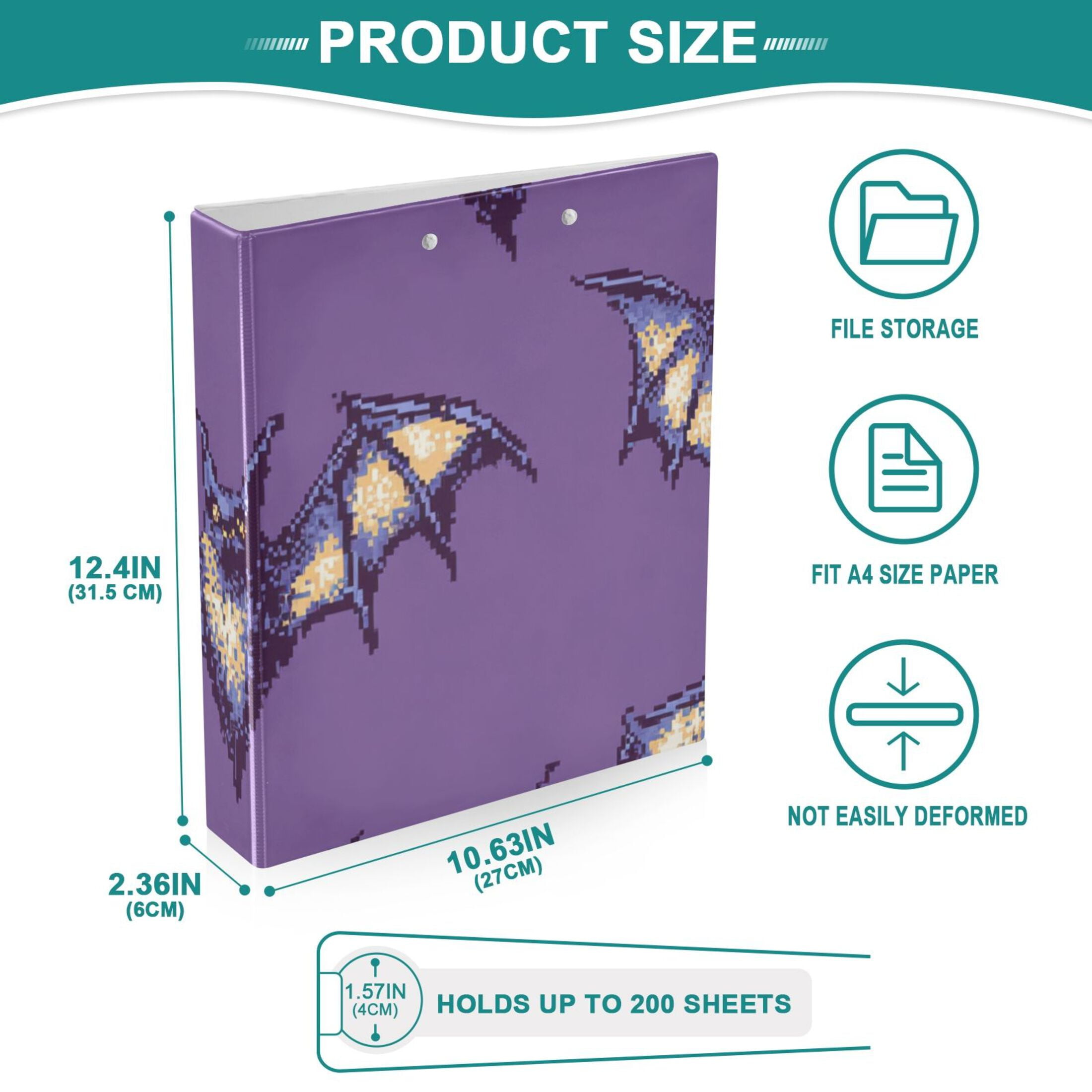 Pixelated Bats 3 Ring Binders 1.5 inch Hardcover File Folders with Interior Pockets A4 Size Organizer for School Office Hospital Set of 2