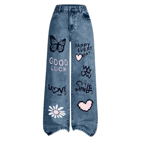 TSHXS Pants For Teen Girls Little Girls Baggy Art Print Denim Trousers Cartoon Graphic Breathable Casual Jeans for Fall Spring(Blue,13-14 Years)
