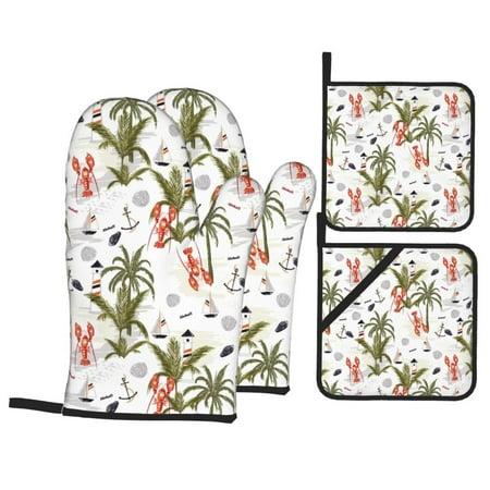 

Oven Mitts and Pot Holders 4 pcs Set Lighthouse Lobster Anchor Tropical Heat Resistant Pot Holders Oven Mitts for kitchen Non-Slip Hanging Loop Oven Glove Potholders for Baking Cooking