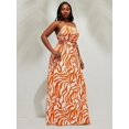 thumbnail image 5 of Orange Abstract Zebra Print Halter Neck Tie Waist A-Line Maxi Dress For Women, 5 of 8
