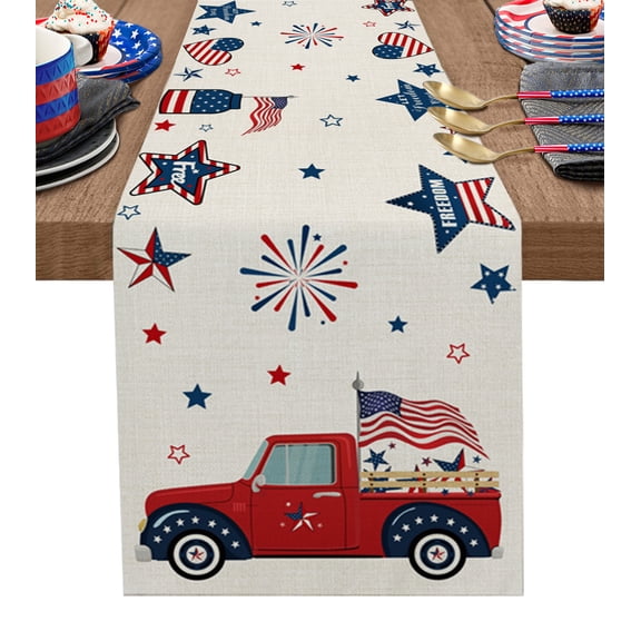 4th of July Table Runner 60 Inches, Independence Day Truck American Star Fireworks Bed Runner Dresser Scarves Tabletop for Indoor Outdoor Parties/Ceremony/Banquet, 13" x 60"