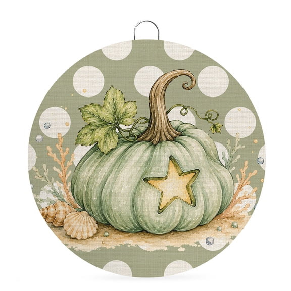 Welcome Sign Front Door Decorations, Sage Green Thanksgiving Round Wall Art Outdoor Metal Wreaths, Fall Pumpkin Maple Leaves Coral Seasonal Hanging Sign for Home Porch Decor Warming Gift 8 In