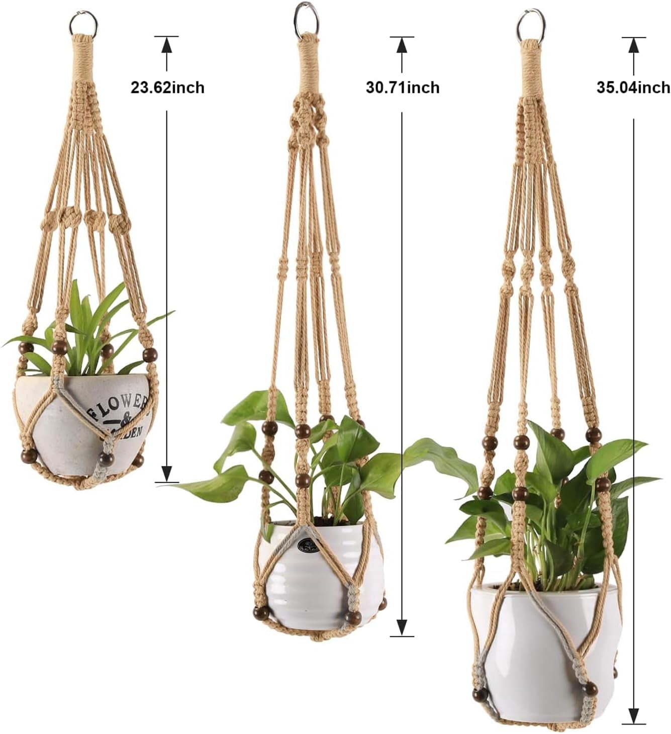 3-Pack Macrame Plant Hanger Indoor - Hanging Planter Basket for Indoor Outdoor - Decorative Boho Plant Holders Set with Beads - Ceiling Flower Pot Holder with 6 Hooks - 35"/30"/24" Linen