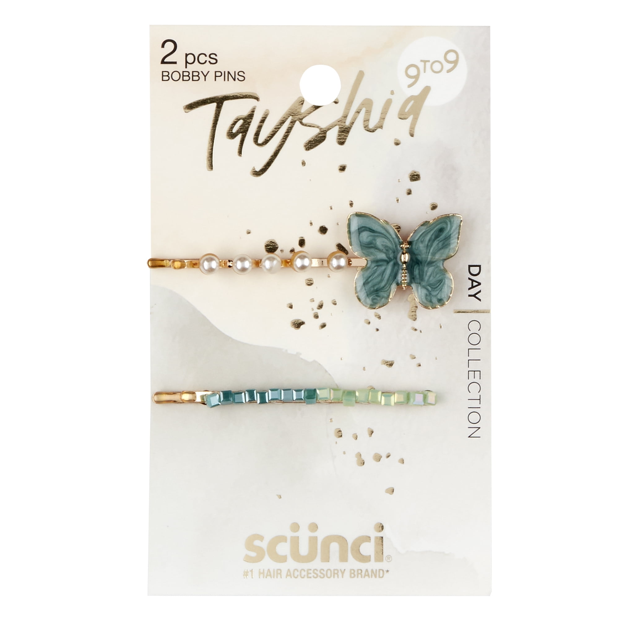 Tayshia by Scunci Pearl Butterfly, No-Slip Essential Bobby Pins, Turquoise, 2ct