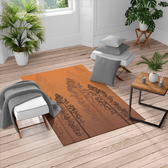 Country Turkish Area Rug, Pine Trees in the Forest on Foggy Seem Ombre Backdrop Wildlife Adventure Art, Soft Carpet for Living Room Decor, 5.2' X 7.6', Burnt Orange, by Ambesonne