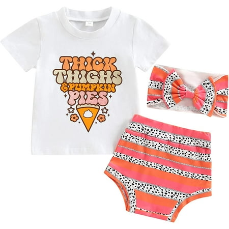 

PIKADINGNIS Toddler Baby Girls Halloween Outfits Letter Printed Short Sleeve T Shirt Top Pumpkin Shorts Headband Clothes Set