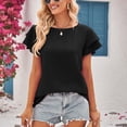 thumbnail image 3 of Top de verano para mujer, camiseta informal de Color puro con cuello redondo y mangas cortas con volantes dobles, 3 of 8