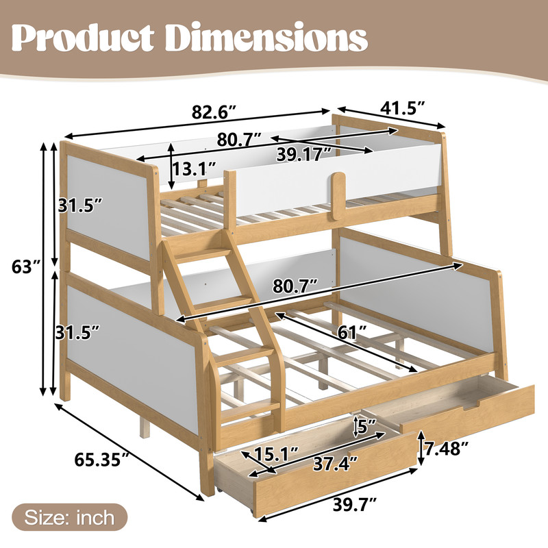Convertible Twin XL-Over-Queen Wood Bunk Bed Split into 2 Platform Beds, Storage Kids Bed Frame with Under-Bed Drawers
