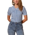 thumbnail image 1 of Blusa de manga corta con cuello Peter Pan en contraste para mujeres Inspire Chic, top de cuadros, color azul marino, 1 of 6