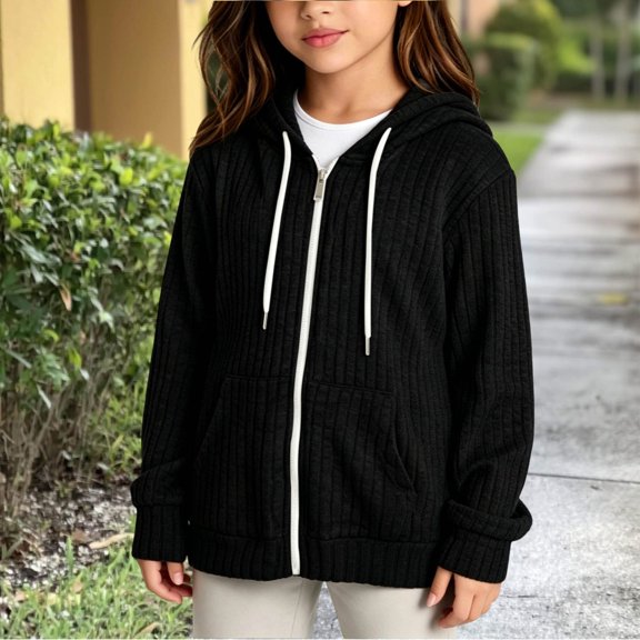 PureCasa Girls' Zip Up Sweaters Solid Color Loose Fit Hoodies Soft Comfy Long Sleeve Knit Sweater Hoodie With Pockets