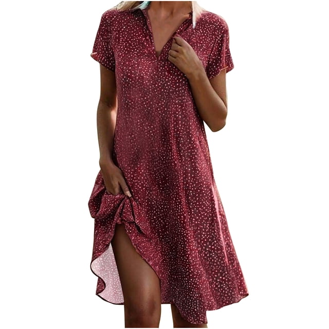 LOVZFMLL Robe à Pois pour Femme, Nouvelle Collection Printemps/été, Col à Manches Courtes, Longueur Genou, Rouge G