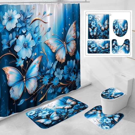4-piece butterfly shower curtain set - elegant floral style - waterproof bathroom decoration - with non-slip mat - bathroom door cover - U-shaped cushion - gift for nature lovers with a touch of fant