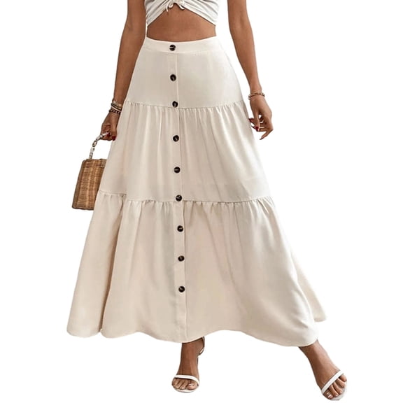 Women's Maxi Pleated Skirt High Waisted A Line Long Skirts Button Down Business Casual Outfits for Holiday