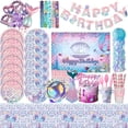 thumbnail image 2 of Decoración de cumpleaños de sirena, suministros de vajilla rosa, mantel, vasos de papel, platos, telón de fondo, juego de globos, regalos de recuerdo de bebé para niños, 2 of 5