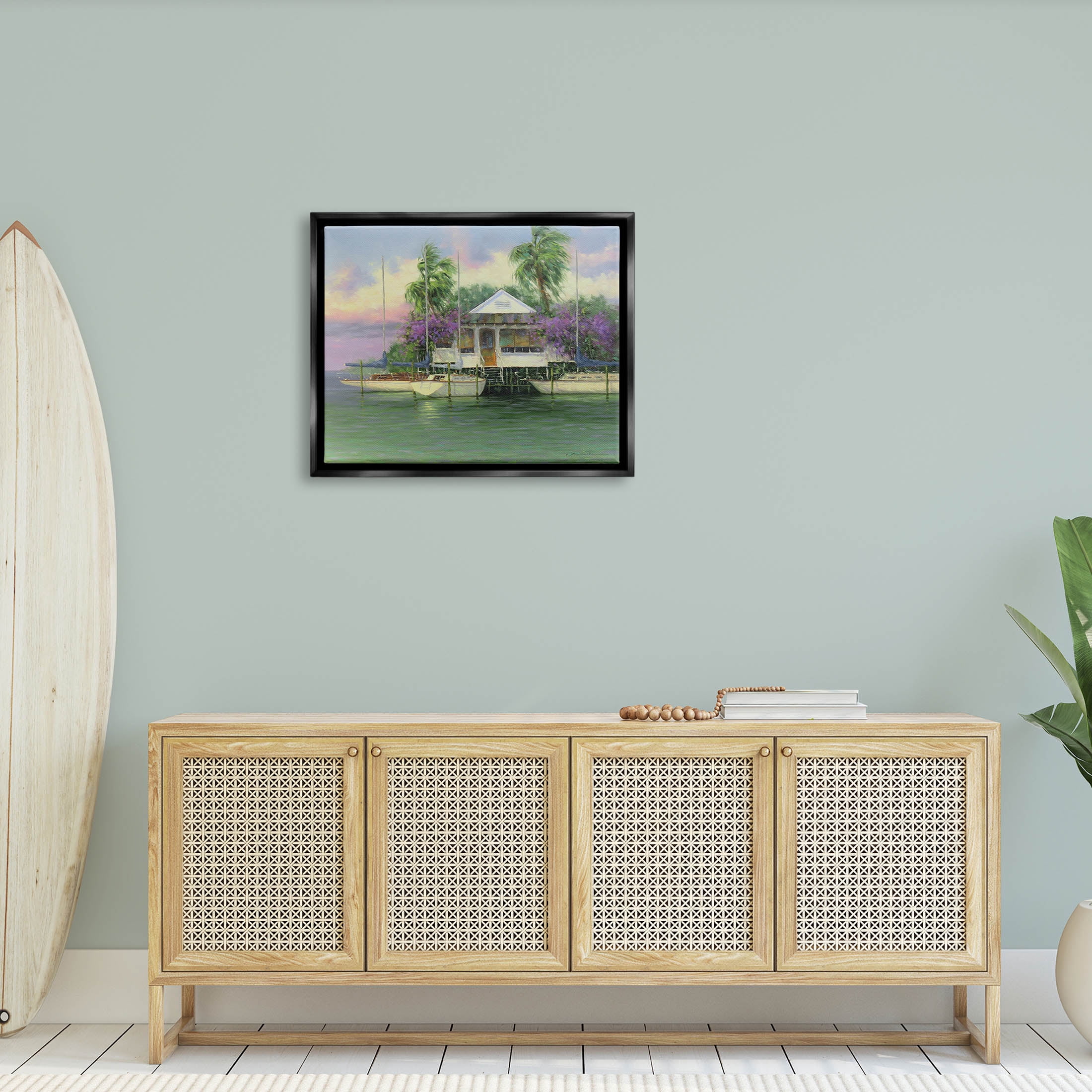 Coastal Boat Dock Tropical Palms Landscape Painting Jet Black Framed Art Print Wall Art