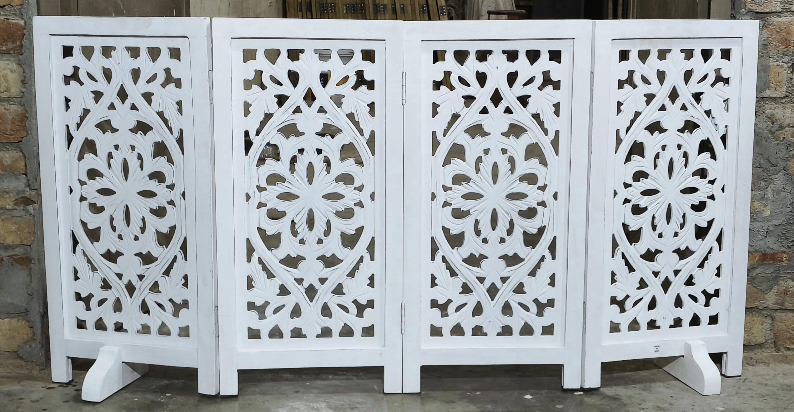 The Wooden Town Foldable Free-Standing Pet Gate, 4-Panel Wooden Dog Barrier, 56" W x 28" H, White Finish, Hand-Carved Solid Wood & MDF