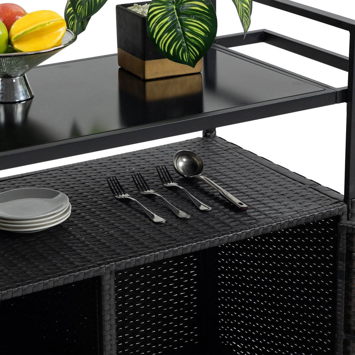 Sailvan Outdoor Wicker Bar Cart, Rolling Patio Serving Cart with Glass Top & Wheels for Backyard Poolside Party, Black