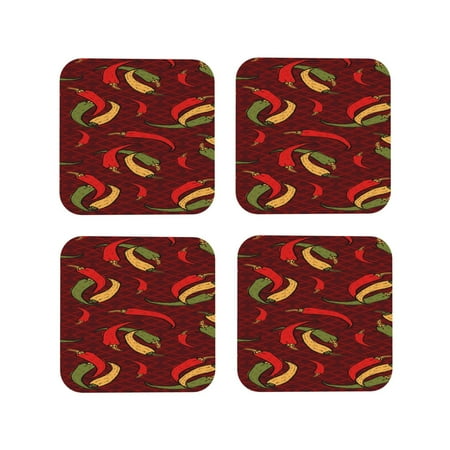 

KLL Drink Coasters Set Square of 4 PU Leather Absorbent Coasters Set Decorative Coffee Cup Coasters Housewarming Gift for Home Decor-Hot Chili