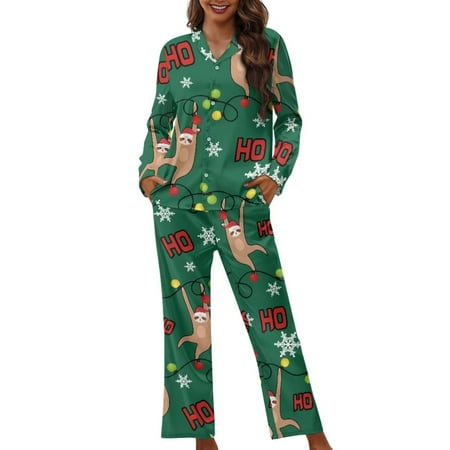 

Renewold Christmas Women Pajama Set of 2 Cute Sloth Colorful Lights Button Sleepwear Shirt Lightweight Pants Bottoms with Big Pockets & Pullover Athletic Clothing Size M