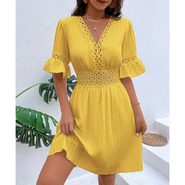 Mefallenssiah Nouvelle Robe d'Été en Dentelle Patchwork à la Mode Col en V Cintrée à la Taille Couleur Unie pour Femmes