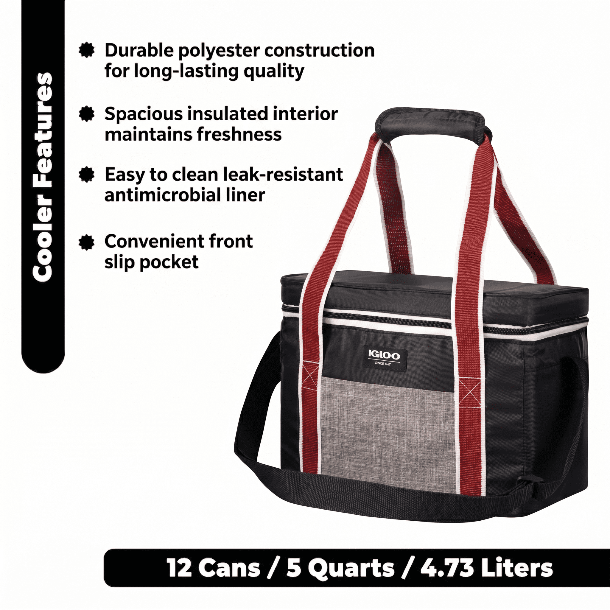 Igloo Heritage Lunch Companion Cooler Bag, 12 Can Capacity, Black and Red, Soft Side Lunch Cooler for Work or Play