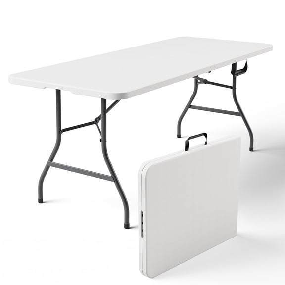 6FT Folding Table, 70" x 28" Extra Wide Heavy Duty Portable Table, Waterproof HDPE Plastic, Foldable Picnic Table for Camping, BBQ, Party, Dining, Indoor & Outdoor, White
