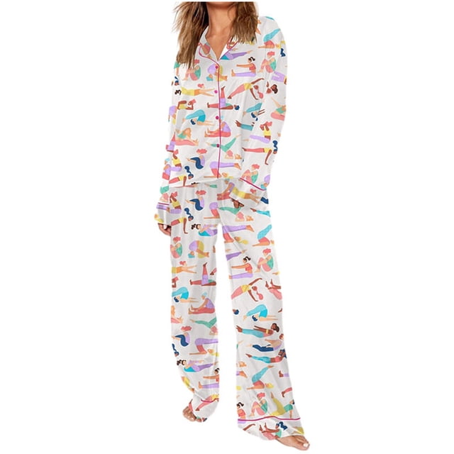 RKSTN Ensembles de Pyjama pour Femmes Imprimés Mode Détente Col Cardigan Satin Robe de Maison Ensemble de Pyjama Doux Confortable Pyjamas