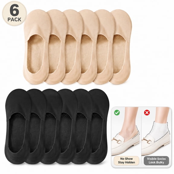 Women's No Show Socks 6-Pack - Ultra Thin Breathable Low Cut Invisible Liner Socks with Anti-Slip Silicone Grips for Sneakers & Flats (US Shoe Size 5-9, Seamless Toe)