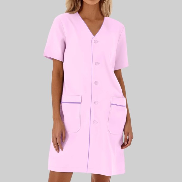 WILLBEST Vestidos Para Mujer Bata De Laboratorio Blanca De Manga Corta Suelta De Color Liso Para Mujer