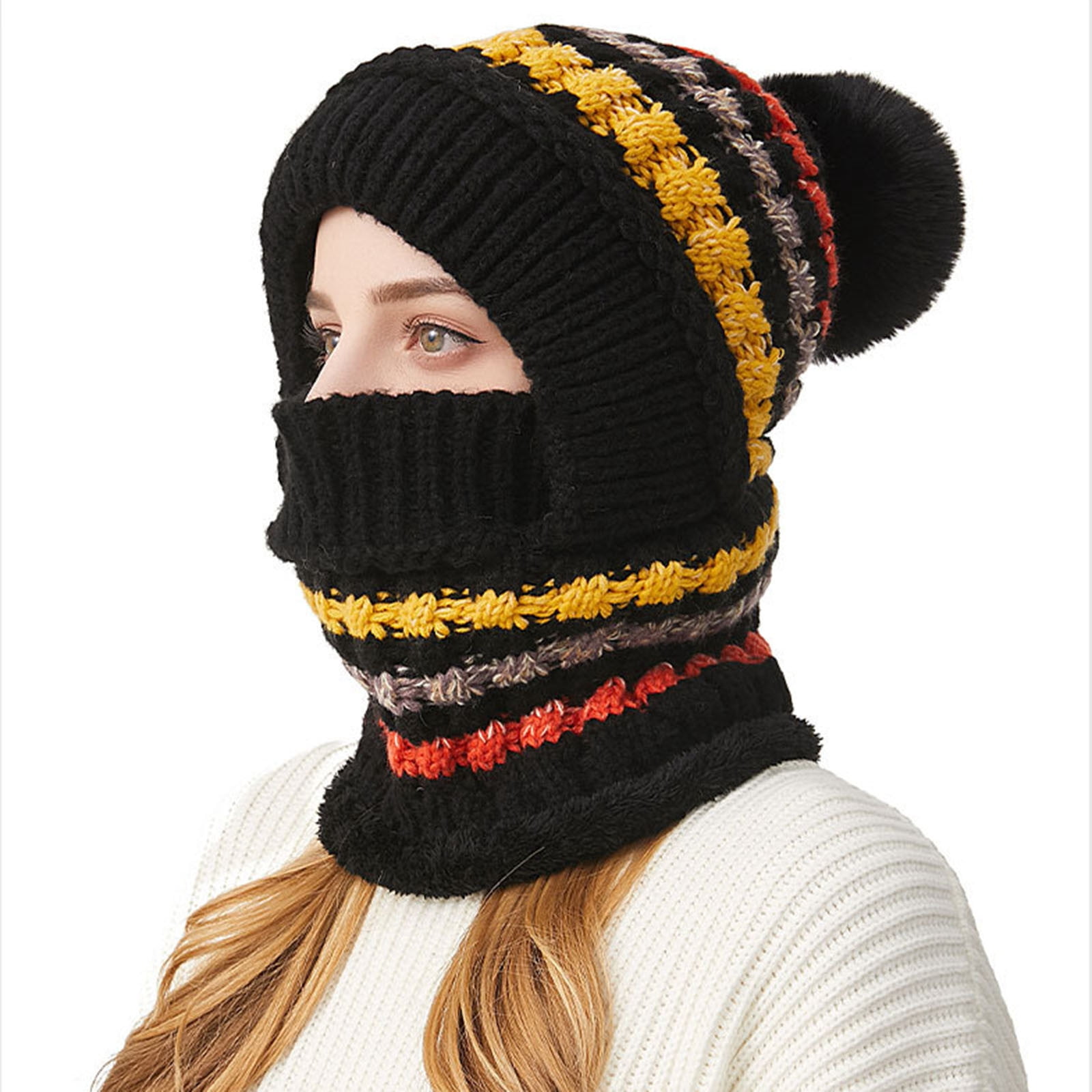 Cadancy Women Winter Hats 3 In 1 Beanie Hat with Scarf and Mask Chunky Knitted Color Block Snow Caps Pompom Cute Warm Stocking Cap Windproof Cozy Cold Weather Balaclava