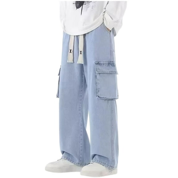 Mens Drawstring Jeans Loose Wide Leg Cargo Denim Pants Multi Pockets Casual Street Wear Lounge Pants L, Light Blue