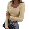 thumbnail image 2 of Womens Long Sleeve Shirts Square Neck Slim Fit Basic Tops Ribbed Thermal Undershirts Layering Tee Beige XL, 2 of 5