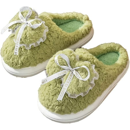 

CoCopeaunt Women Cute Trendy Bow Lace Fluffy Slippers Warm Soft Furry Fur Indoor House Shoes Outdoor Heel Cover