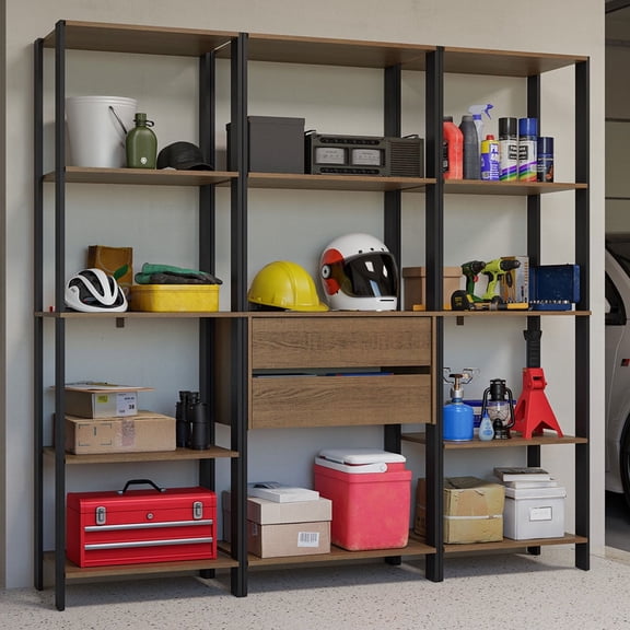 Madesa Garage Storage Rack with 2 Drawers and Open Shelves 74"L Multiuse Modular Organization Cabinet for Tools - Black/Brown
