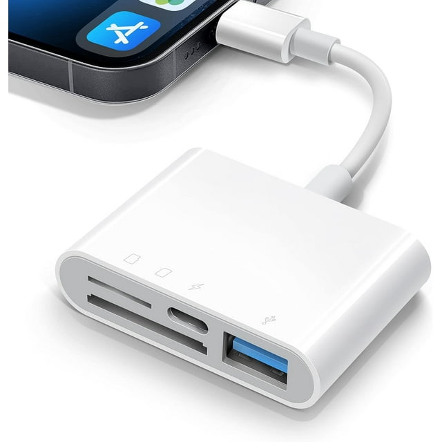 SD Card Reader for iPhone iPad, 4 in 1 Micro SD/SD Card Reader to iPhone Adapter, SD Card Viewer with TF/SD Dual Slot, Portable Camera Memory Card Reader for iPhone with Charging Port, Plug and Play