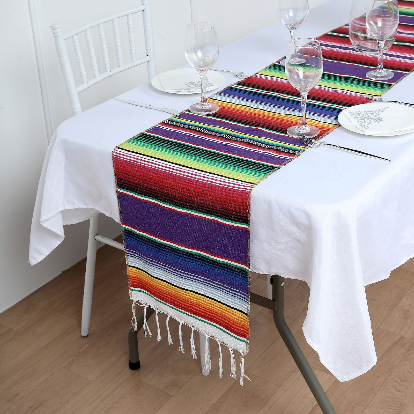 Efavormart 14' x 108' Mexican Serape Table Runner With Tassels Fiesta Party Decor